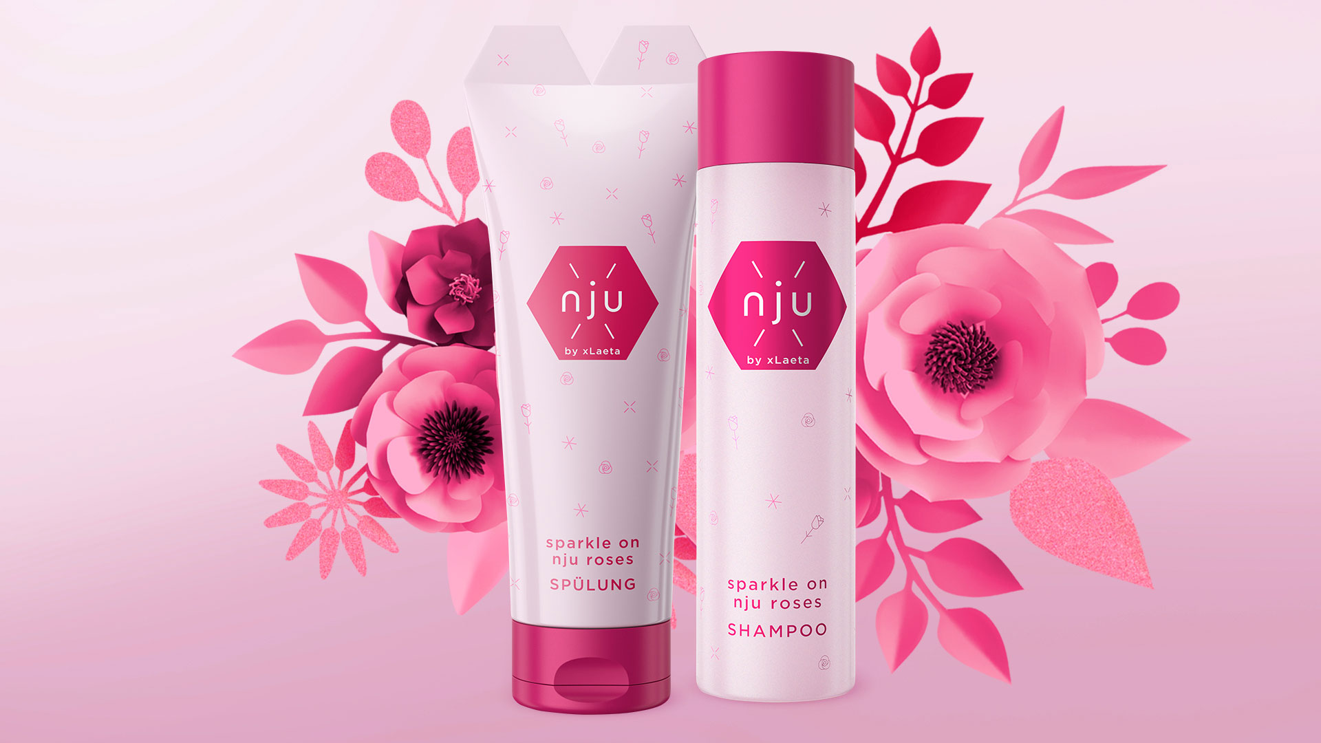 nju_prod_roses.jpg Sujet nju roses by xLaeta Shampoo und Spülung in Rosa vor illustriertem Blumenarranegement in Pink