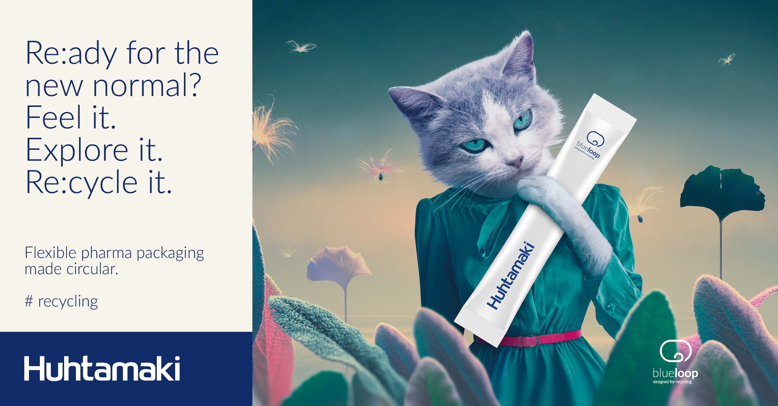updates_1200x627_01.jpg Anzeige Huhtamaki pharma packaging graue Katze im grünen Kleid mit Verpackung in der Hand