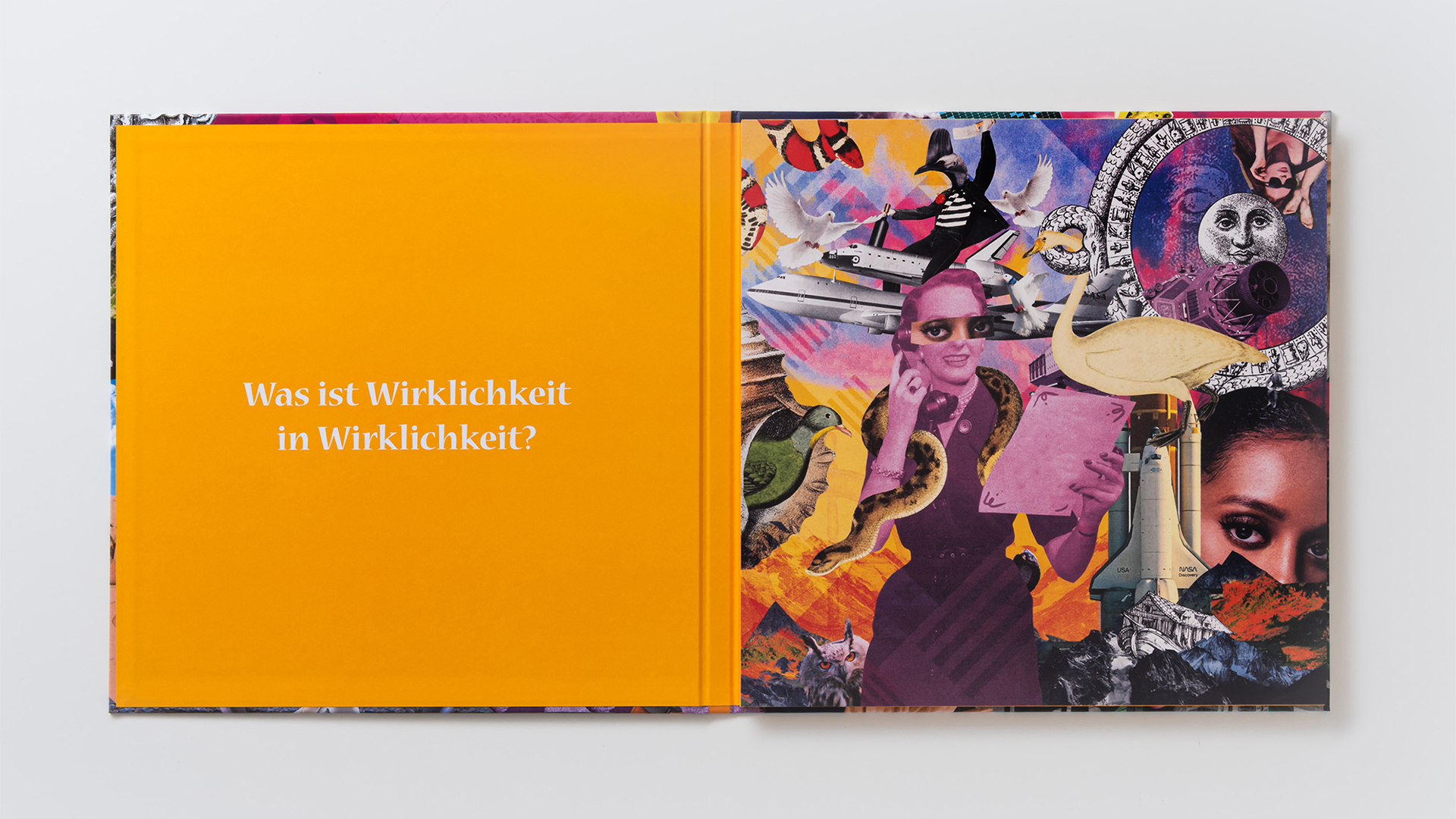 euram_bank_geschaeftsbericht_02_1.jpg Auf der ersten Seite ist wieder eine Collage abgebildet. Links davon steht die Frage "Was ist Wirklichkeit in Wirklichkeit?"