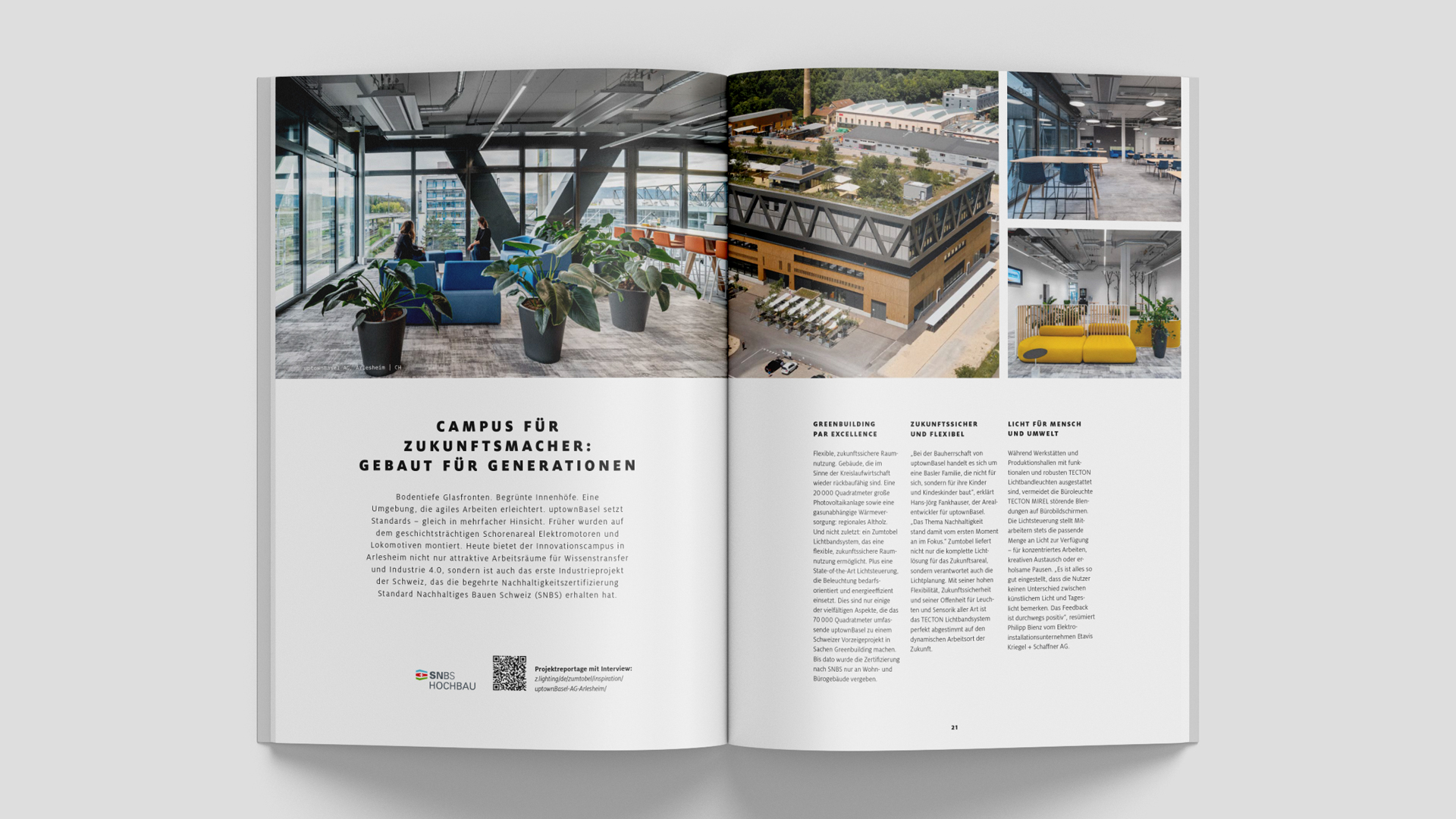mockup-green-building-uptown.jpg Innenseiten eines Magazins zum Thema Green Building, die das Projekt uptownBasel zeigen