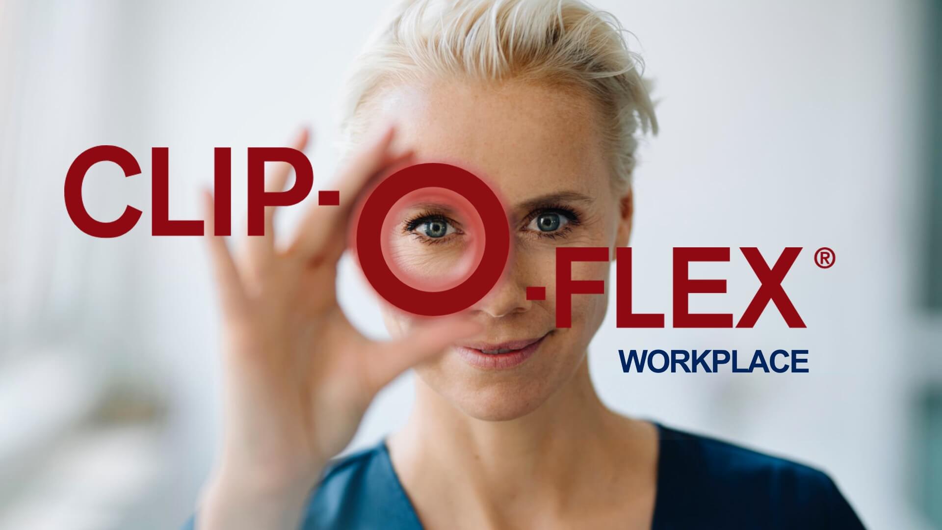 visual-clip-o-flex-01.jpg Eine Frau mittleren alters schaut fokussiert durch das CLIP-O-FLEX Workplace Logo