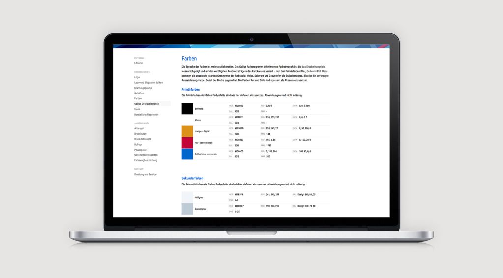 Laptop mit Gallus Brandbook Kapitel Farben