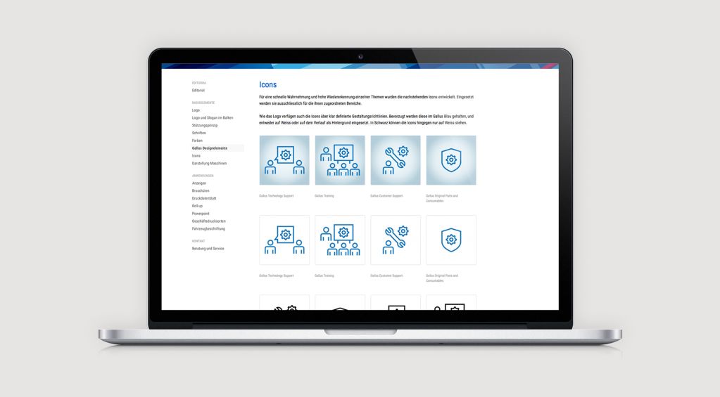 Laptop mit Gallus Brandbook Kapitel icons