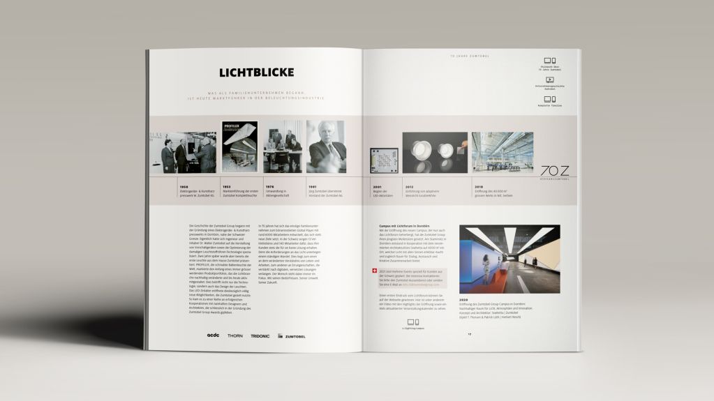 Innenseite Magazin Lightlife Installation Zumtobel Licht AG Meilensteine