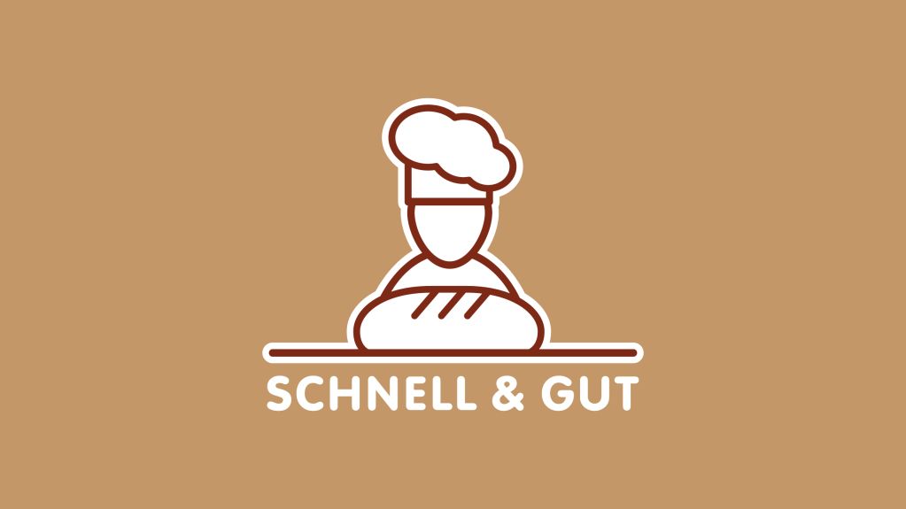 Bäcker mit Kochmütze und Brotlaib als Logo mit Schriftzug Schnell & Gut