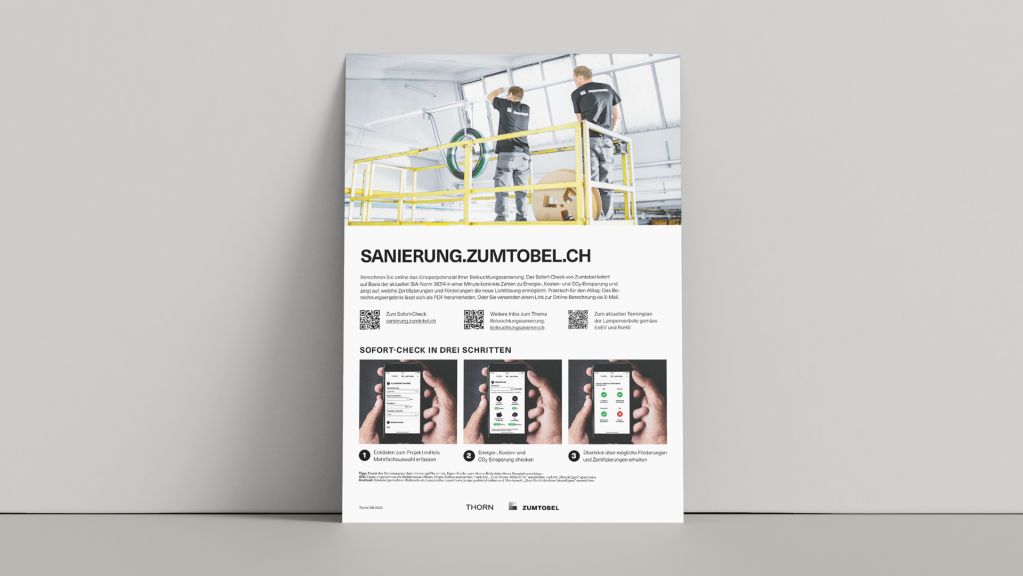  Flyer mit der Headline: sanierung.zumtobel.ch. Der Flyer erklärt den Sofort-Check und die Anwendung in 3 Schritten.