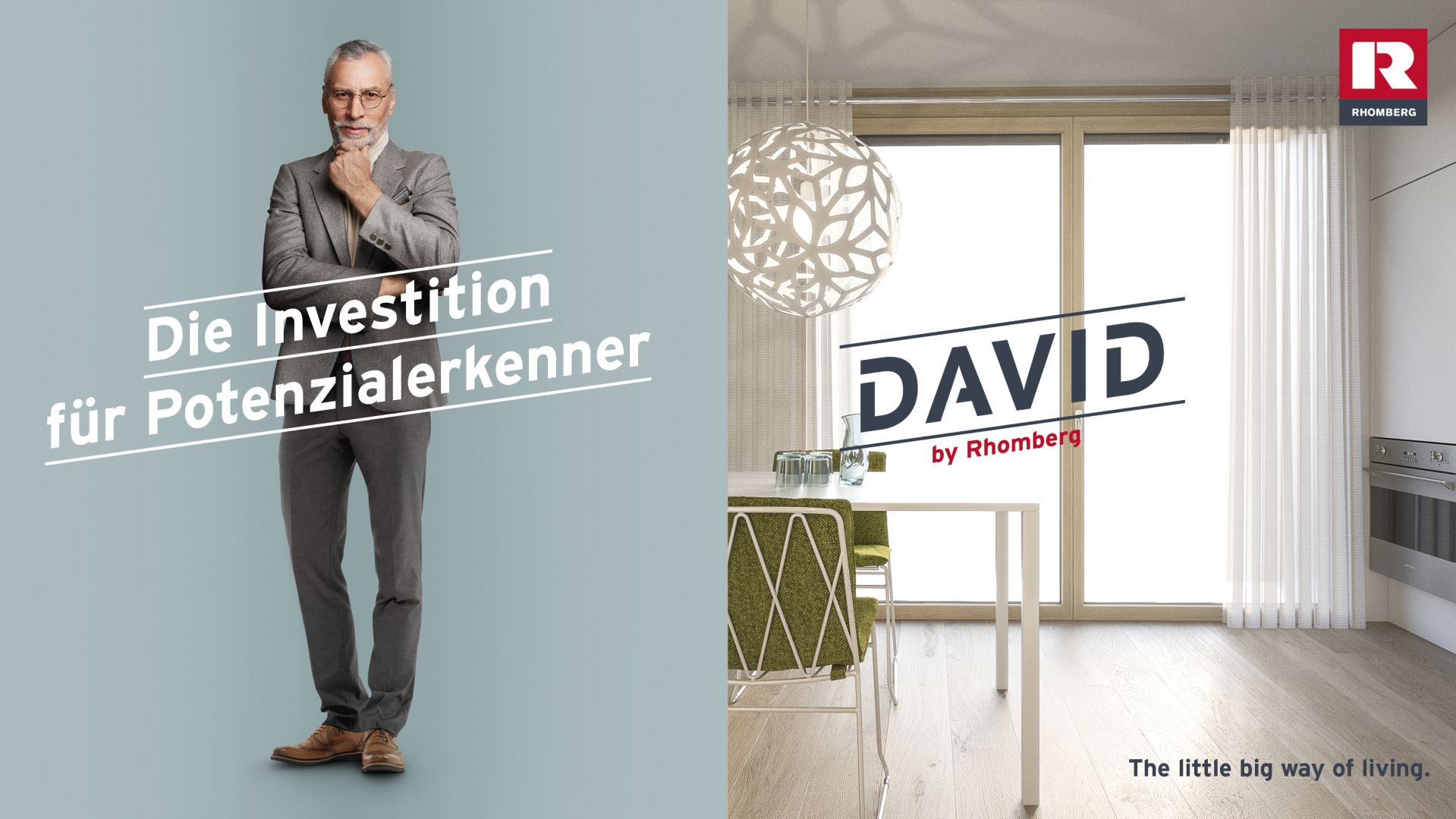Visual David by Rhomberg Älterer Mann im Anzug mit Aufschrift Die Investition für Potenzialerkenner und Bild von Küche