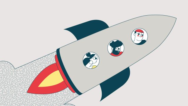 Illustration: Graue Rakete mit zwei Männern und einer Frau an Board