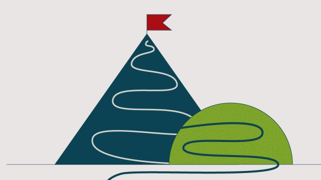 Illustration: Dunkelblauer Berg mit roter Fahne auf der Spitze und geschwungenem Weg