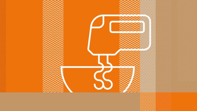 Icon Schüssel und Mixer auf orang- beigefarbenem Hintergrund mit grober Struktur