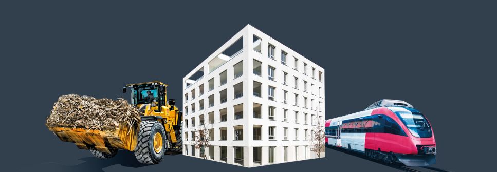 Gelber Bagger mit Bauschutt, weißer moderner Wohlblock und Zug stehen nebeneinander