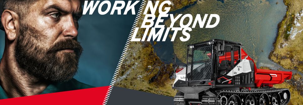 Keyvisual Powerbully: Working Beyond Limits Zweigeteiltes Bild: Links Gesicht eines Bauarbeiters mit Bart und weißem Baustellenhelm. Rechts das Kettenfahrzeug Powerbully von Kässbohrer vor schwierigem Gelände