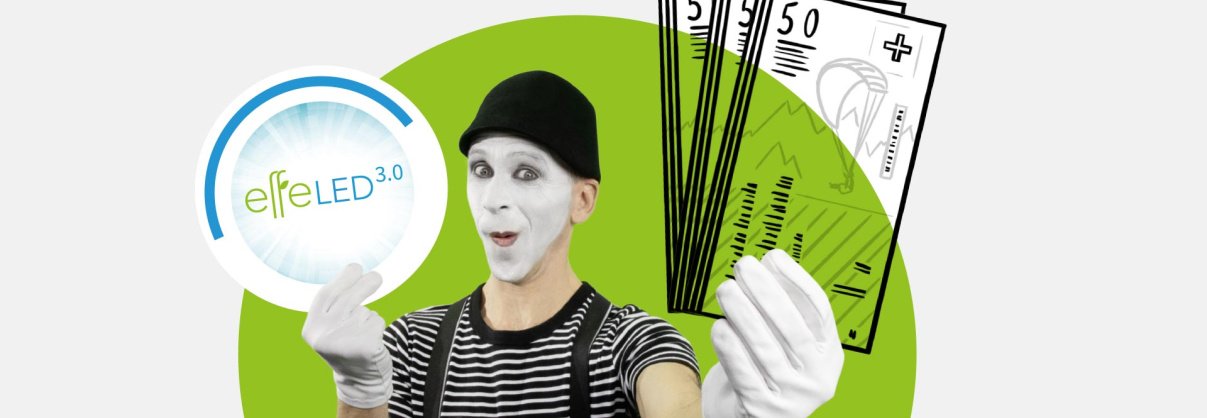 Kampagne FVB effeled 3.0 effeLED Pantomime mit Logo und Geldscheinen