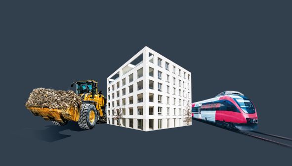 Gelber Bagger mit Bauschutt, weißer moderner Wohlblock und Zug stehen nebeneinander