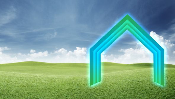 Das Key Visual von Renowate: eine Wiese auf der eine leuchtende Hausform steht